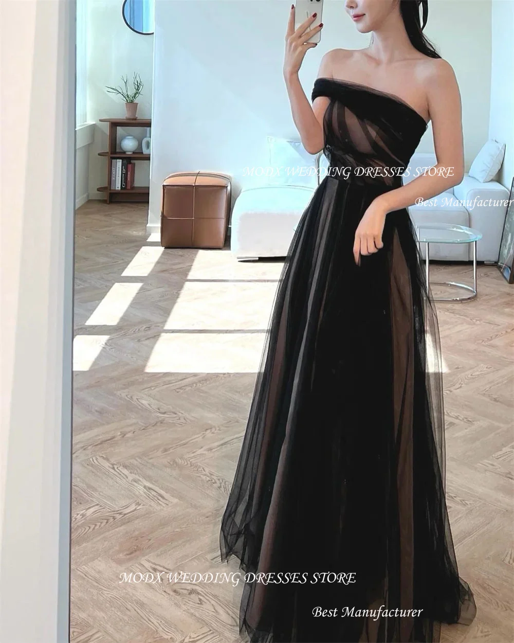 MODX One Shoulder Fairy Black Evening Dresses Wedding Photo shoot Tulle Korea Party Formal Prom Gowns Corset Back Floor Length