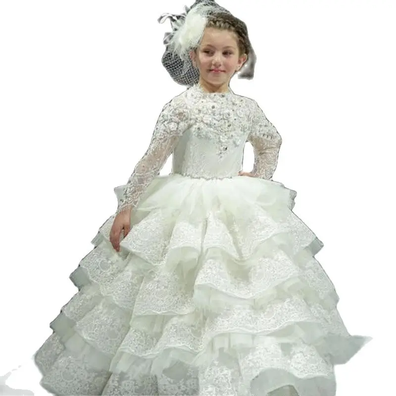 Weiß Prinzessin Mädchen Pageant Kleider Lange Ärmeln Spitze Tiered Blumen Mädchen Kleider Für Hochzeit Baby Mädchen Geburtstag Party Kleid Cust