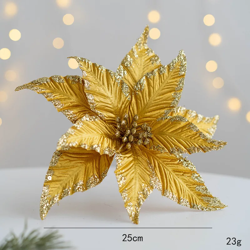 Christmas 25cm Artificial Sticky Cloth Christmas Flowers Gold Silver White Decorative Flowers Christmas Tree Garland Decoration