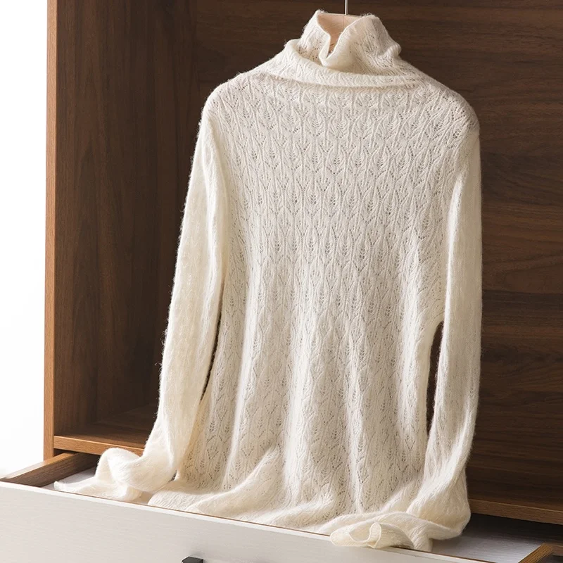 pure 100% wool knit women's long sleeve flower cutout pile neck pullover short white turtleneck sweater