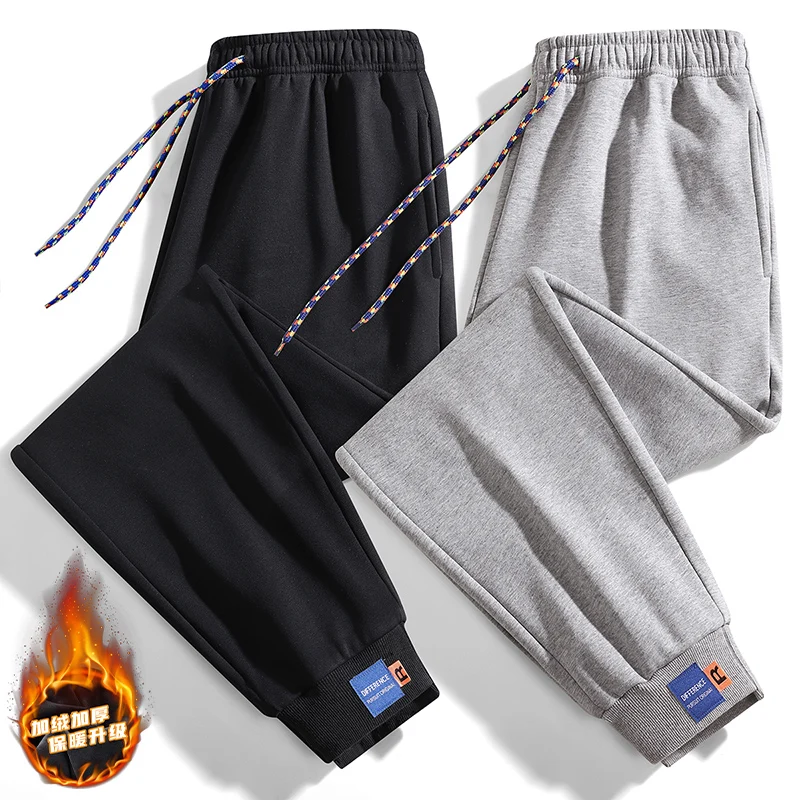 inter Thick Fleece Lined Men Jogger Pants Elastic Waist Drawstring Cuffed Sweatpants Casual Sports Trousers With Pockets