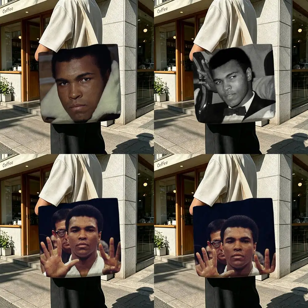 M-Muhammad Ali Boxing Legend Printed Canvas Tote Bag with Zipper for Work School and Travel