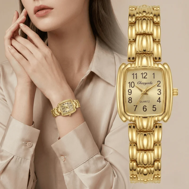 Classic Vintage Square Ladies Watch Gold Metal Bracelet Wristwatch Elegant Minimalist Dress Women Watch Jewelry Gift for Woman