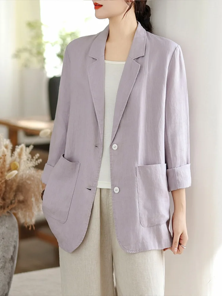 Casual Style Cotton Linen Long Sleeve Suit Jacket Women's High End Loose Fit Cardigan Top Breathable Straight Hemline Pure Color