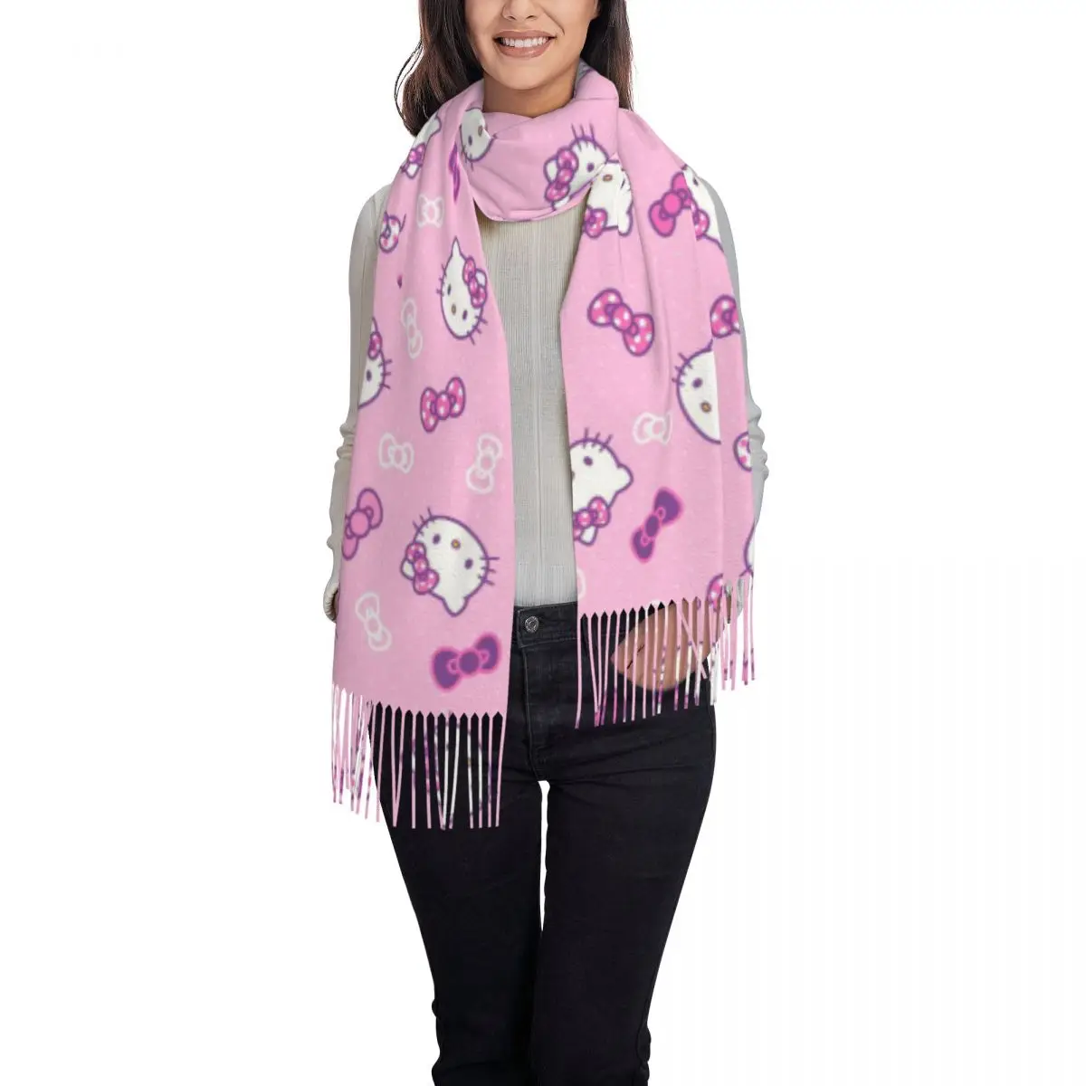 Customized Lady Large Hello Kitty Pattern Scarves Women Winter Fall Soft Warm Tassel Shawl Wraps Sanrio Scarf