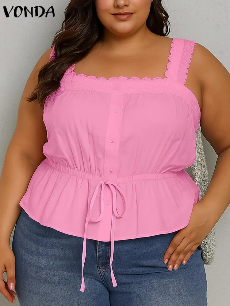 

VONDA Plus Size Tank Tops Fashion Square Collar Elegant Lace Tees 2025 Women Summer Sleeveless Bandage Tunic Casual Blusas 5XL