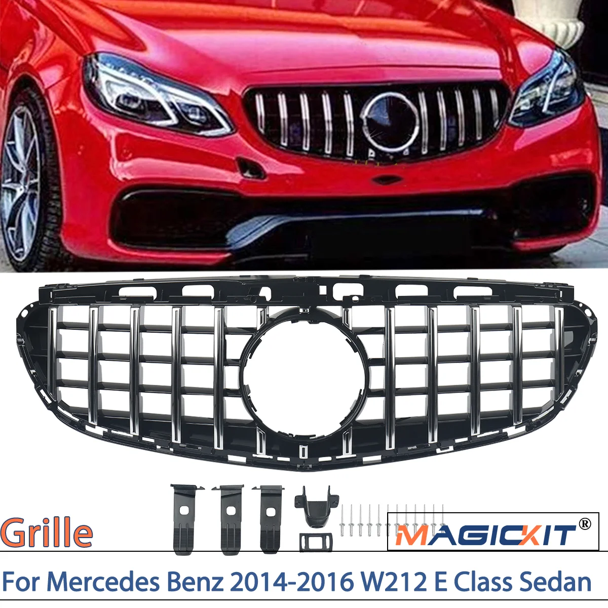 

MAGICKIT For Mercedes Benz 2014-2016 W212 E Class Sedan Chrome+Black GTR Style Front Grille Grille Car accessories