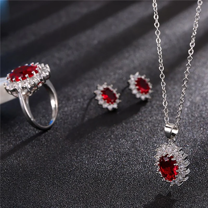 Elegant European And American Queen Sapphire Jewelry Necklace Earrings Ring Zircon Jewelry Set For Women Gift