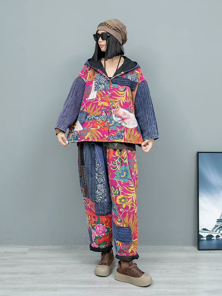 Chinese Style Printed Cotton Linen Patchwork Hooded Double-layer Jacket + Pants Two-piece Set Women 2024 Autumn Winter LX2492