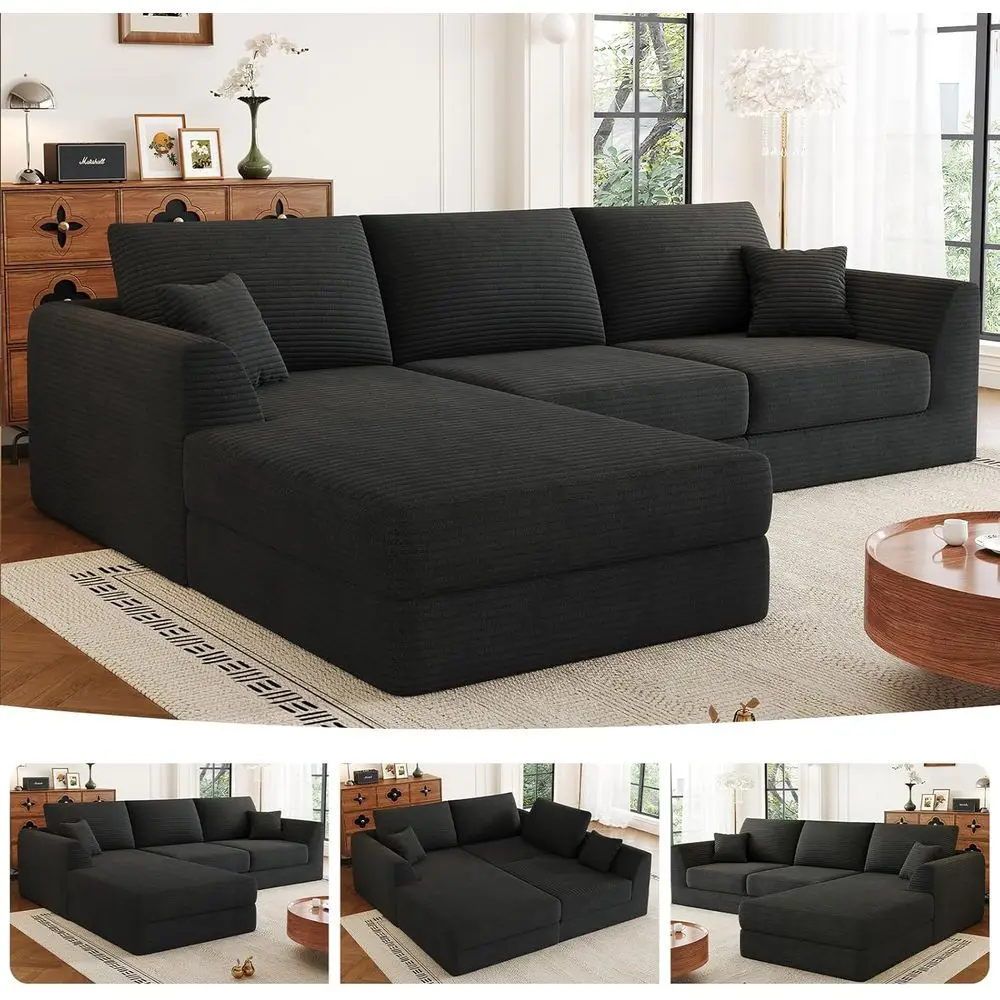 Reversible Chaise Sectional Sofa, 3-Piece L-Shaped Couch Set, Black Corduroy, High-Density Foam, No Assembly Needed