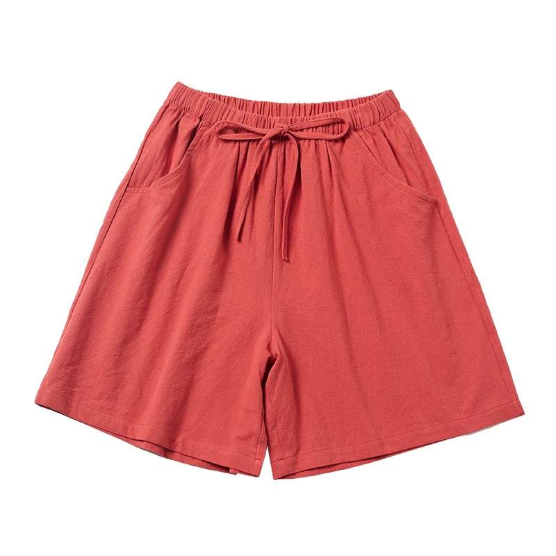 コットンリネンショーツ女性ジムスポーツカジュアルハイウエストブラックレディースショートソリッドS-3XL巾着弾性ベーシックショートパンツ