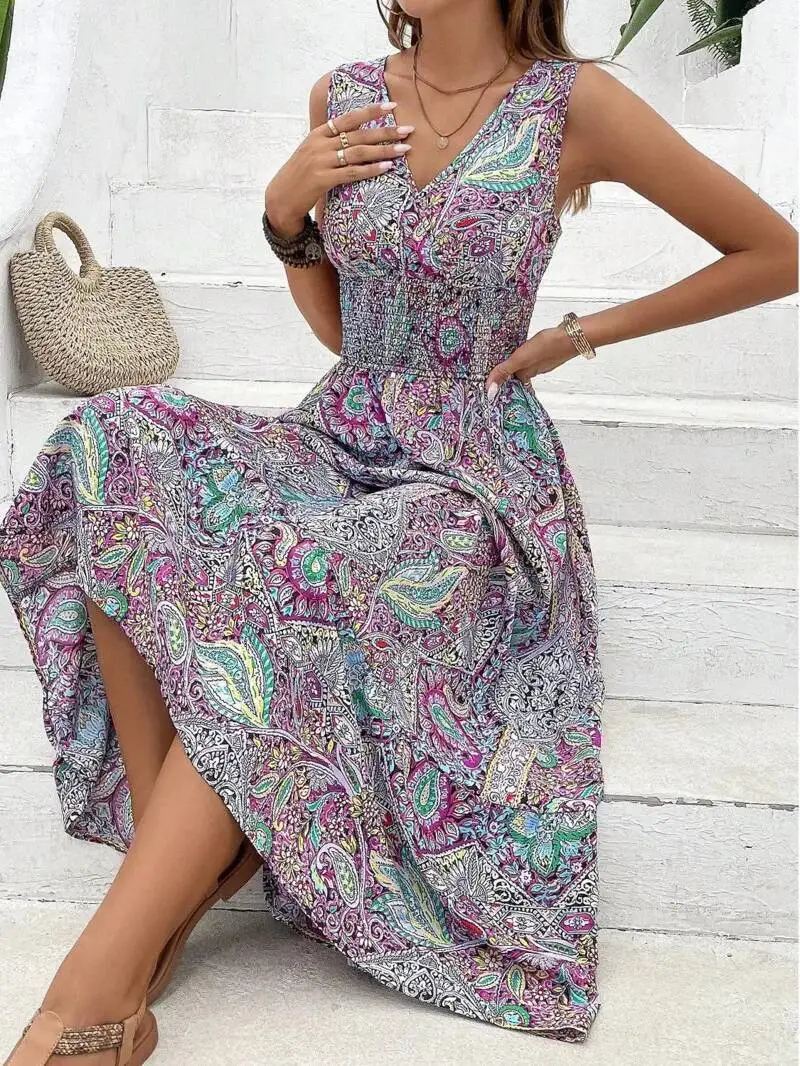 Letnia sukienka boho damska moda bez rękawów z nadrukiem sukienki na imprezę plażową elegancka codzienna sukienka wakacyjna damska sukienka damska robe femme M9MW