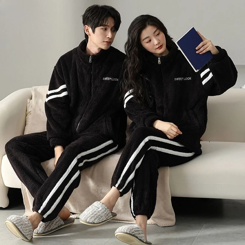 Couple Pajamas Winter Flannel Stand-up Collar Zipper Set Thickened Fleece Coral Fleece Loungewear Can Be Worn Outside Underwear