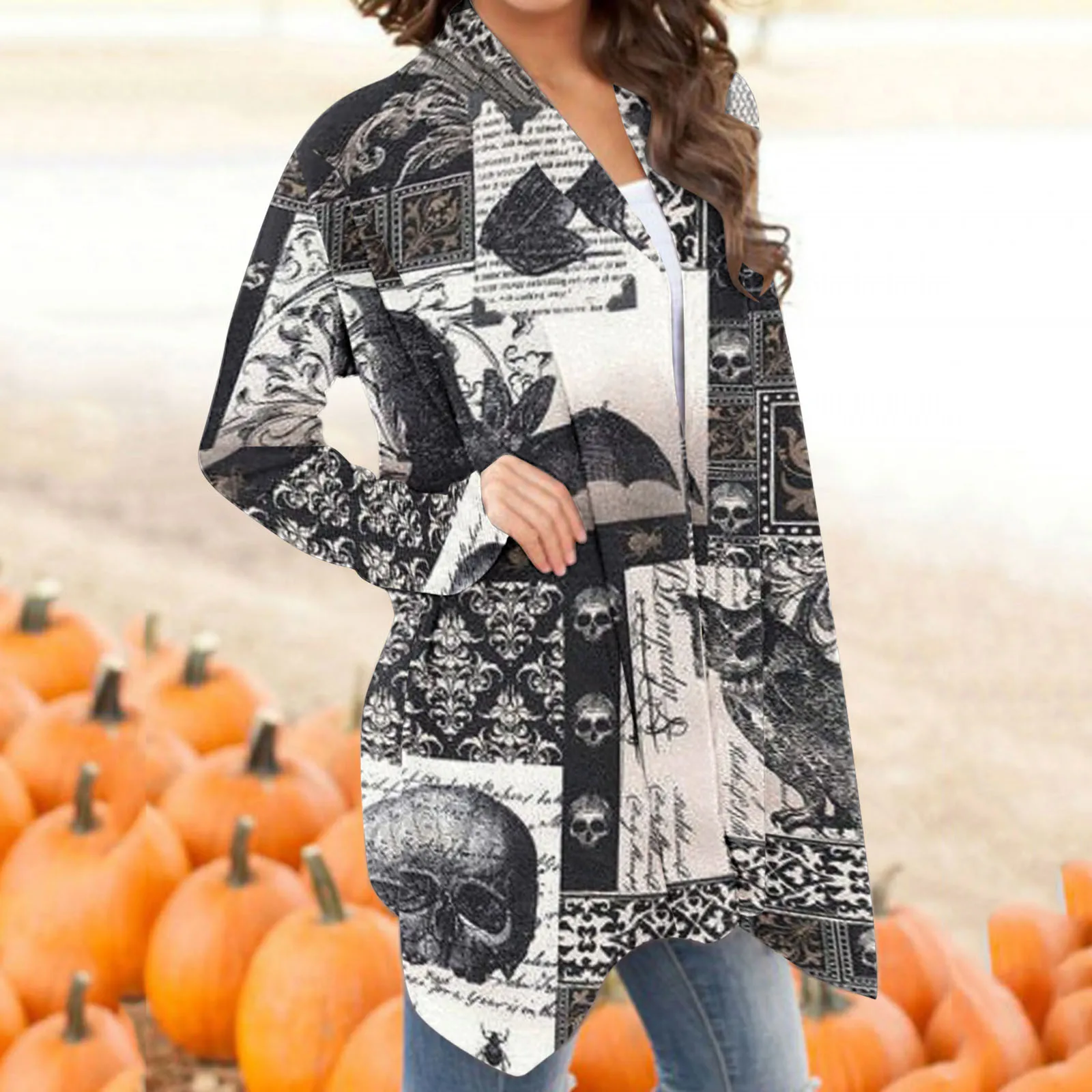 Women Halloween Casual Blouse Animal Cat Print Cardigan Coat Long Sleeve Tops Funny Open Front Large Winter Coats For Women