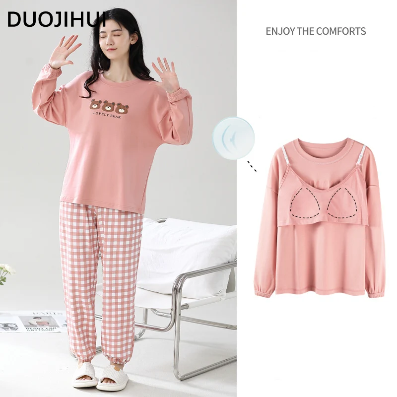 

DUOJIHUI Pink Chic with Chest Pad Pajamas for Women Autumn Fashion Printing Long Sleeve Top Basic Pant Simple Female Pajamas Set