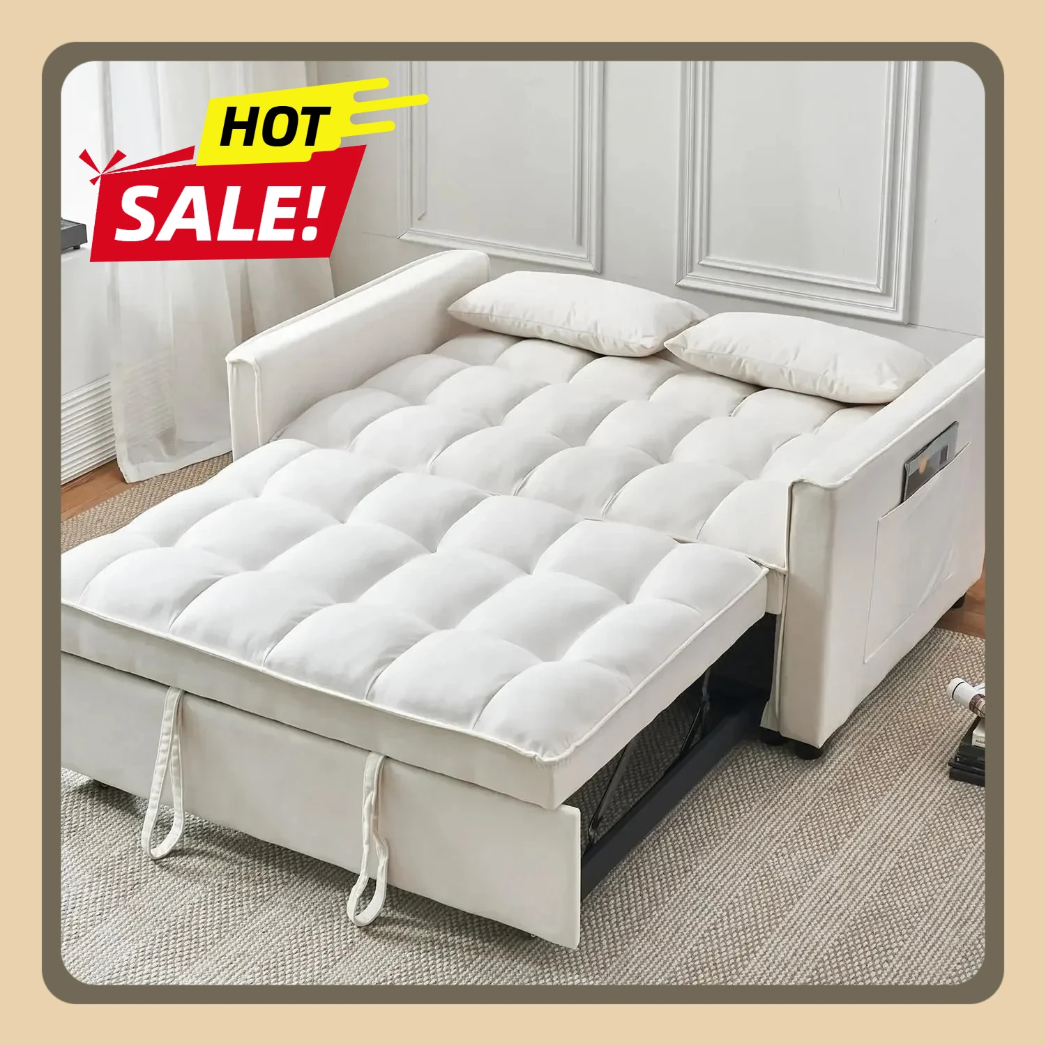 

3 in 1 Futon Sofa Bed (Beige), Modern VelvetConvertible Sleeper Sofa Couch Bed, Storage Pockets prefabricated house