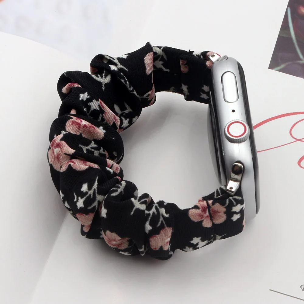 

Black Flower Fabric Strap for Apple Watch Band iWatch 10 42mm Bracelet Series 9 8 7 6 5 4 3 2 1 Elastic Watchband 41mm 38mm 46mm