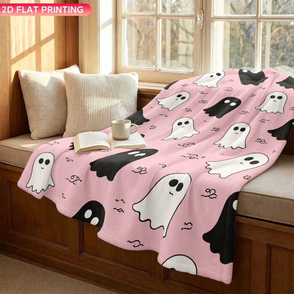 Flannel Blanket 1pc, Pink Ghost Pattern, Soft Air Conditioning Blankets, Office Sofa Blankets, Nap Blankets, Camping Blankets, Perfect for a Short Getaway; Makes a Great Christmas Gift for Family, Friends, And Classmates