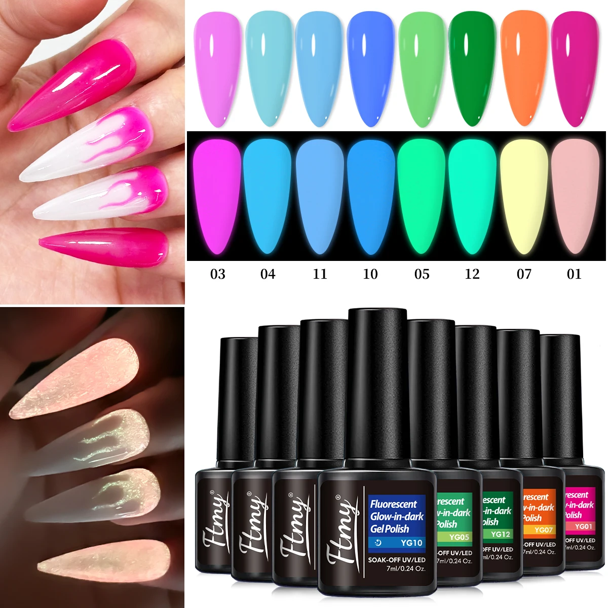 

Luminous Gel Topcoat, 7ml - Glow-in-the-dark gel polishing finish, UV/LED immersion, alcohol-free formula