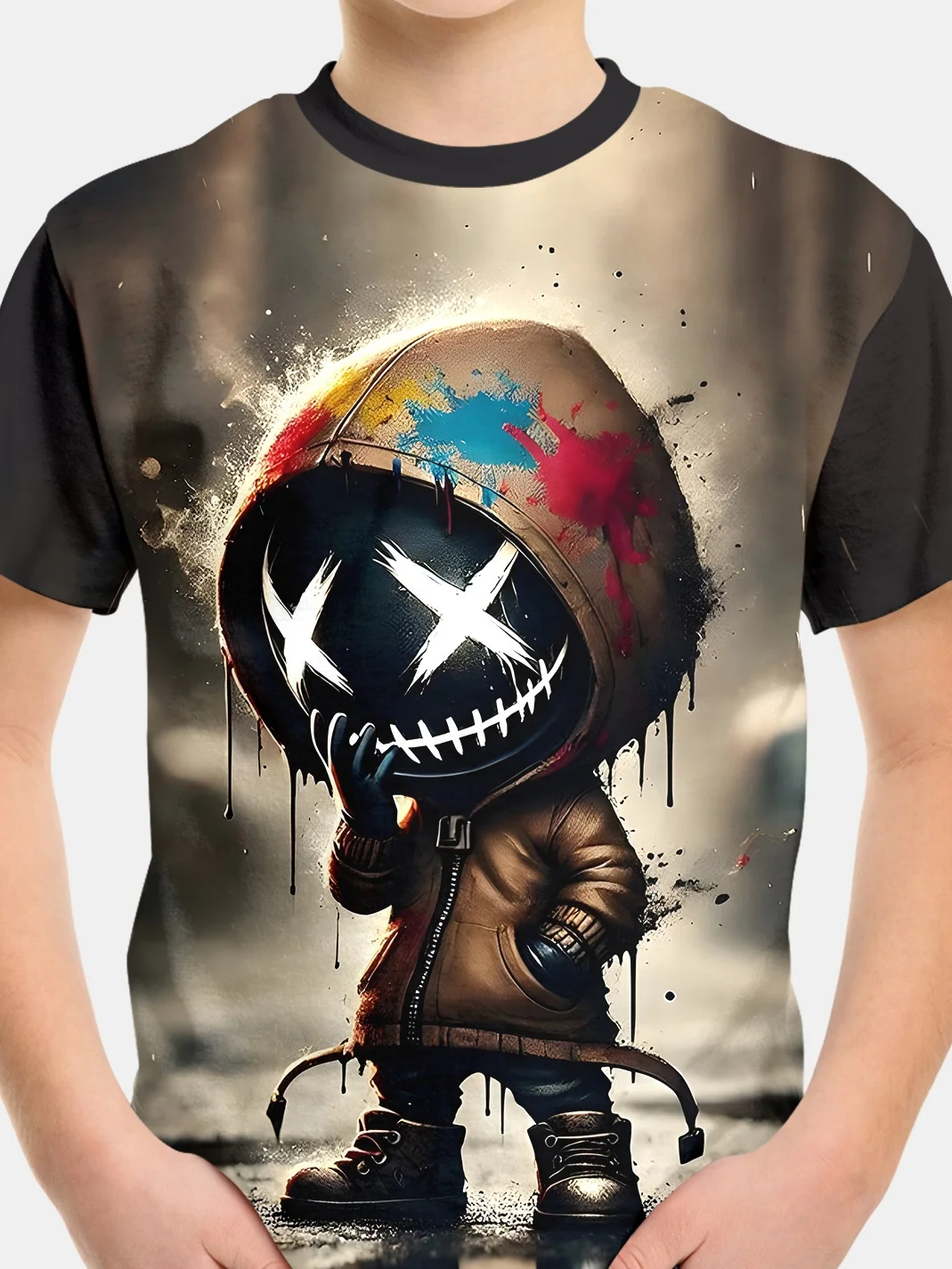 Boys‑Graffiti‑Mask‑Figure‑Print‑Crew‑Neck‑Short‑Sleeve‑Vibrant‑Summer‑Teen‑T‑Shirt