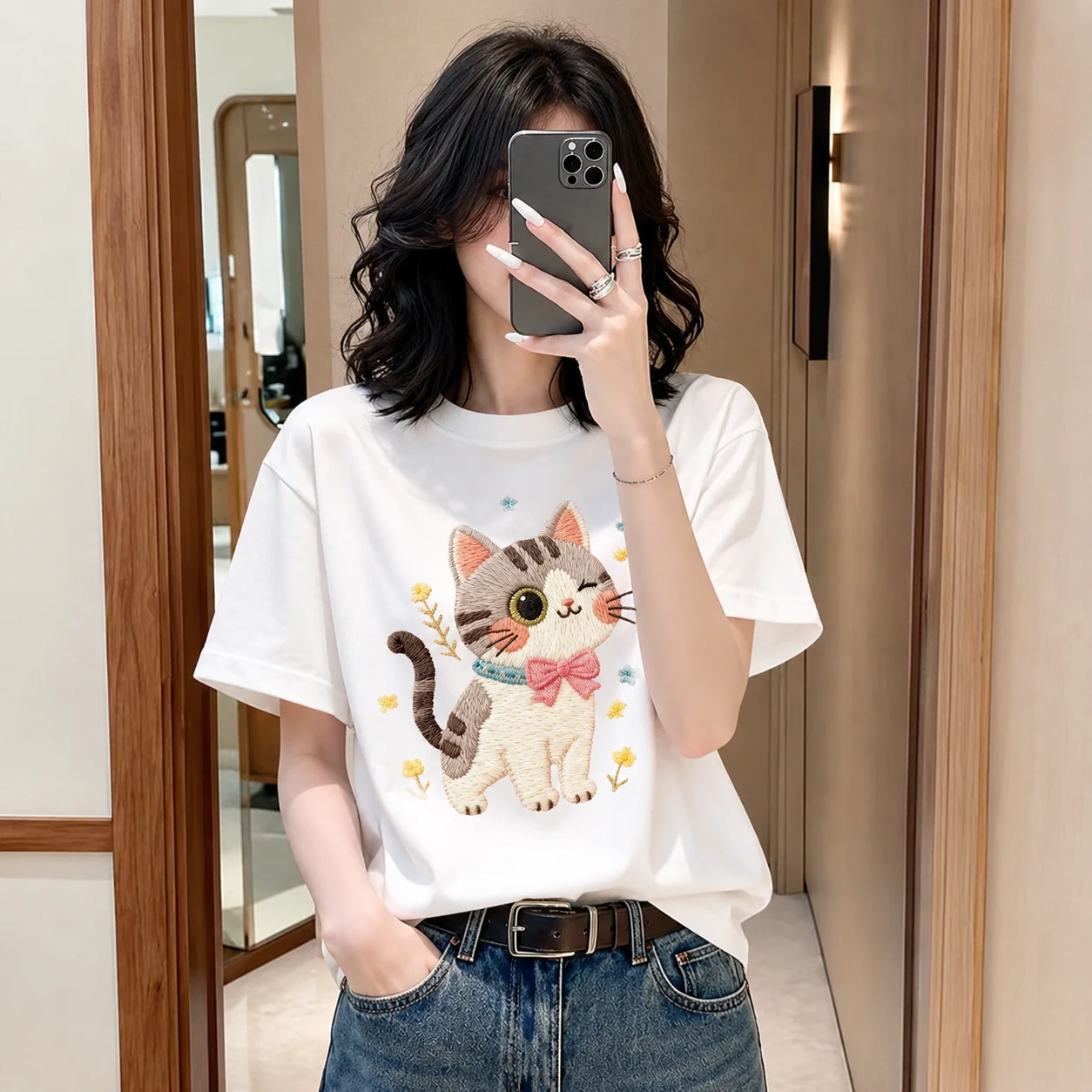 Women Cute Cat Graphic T Shirt Cotton Short Sleeve Crew Neck Loose Korean Casual Tee Spring Summer Top S-XXXL