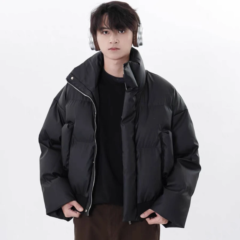 สไตล์สั้น Parkas ผู้ชายฤดูหนาว Thicken Stand WARM คู่ Outwear Simple High Street COMMUTER All-Match แฟชั่นเกาหลีวินเทจ