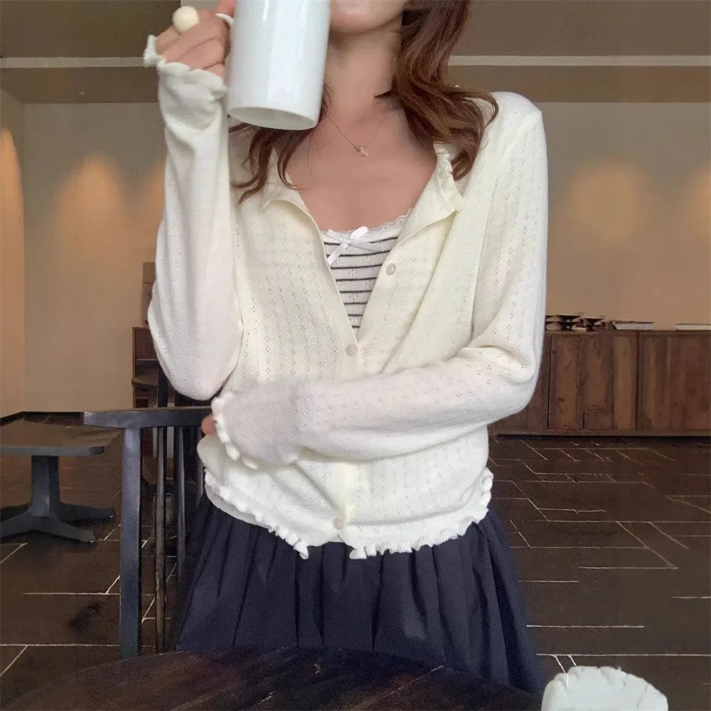 

Весенний женский комплект: вязаный кардиган с полосками и бантом, приталенный повседневный топ с длинным рукавом из смесового полиэстера, элегантный, из двух предметов