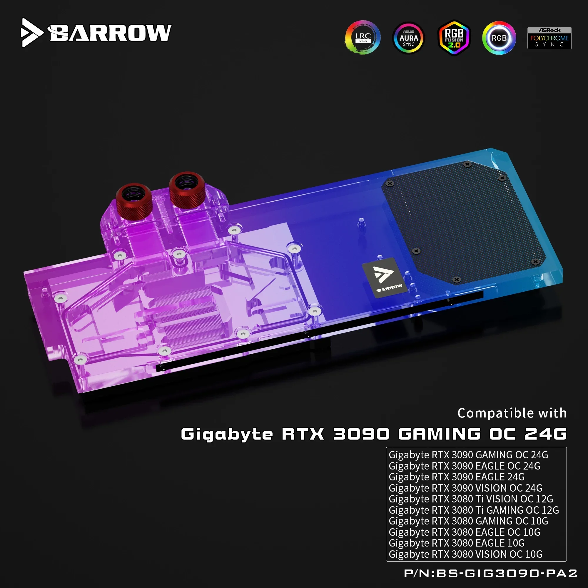 Barrow 3090 3080 GPU Water Cooling Block สําหรับ GIGABYTE 3090/3080 GAMING EAGLE VISION OC, ฝาครอบ ARGB GPU Cooler,BS-GIG3090-PA2