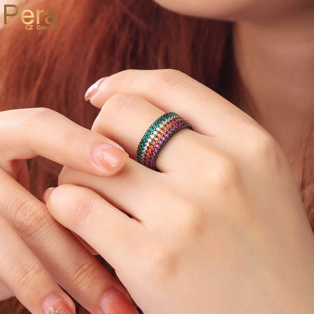 Pera Kpop Wide Brand 4 Row Rainbow Cubic Zirconia Trendy Women Party Jewelry Black Gun Plated Gothic Punk Finger Rings R200