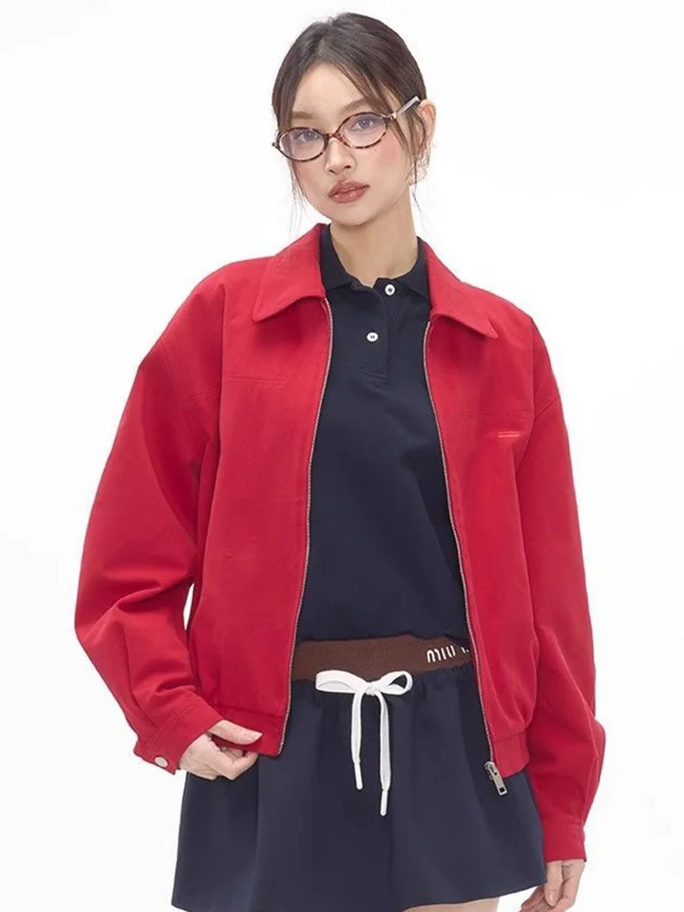 American Christmas Red Cargo Jacket Women Fall Vintage Letter Embroidery Loose Coat Casual Preppy Style Long Sleeve Retro Tops