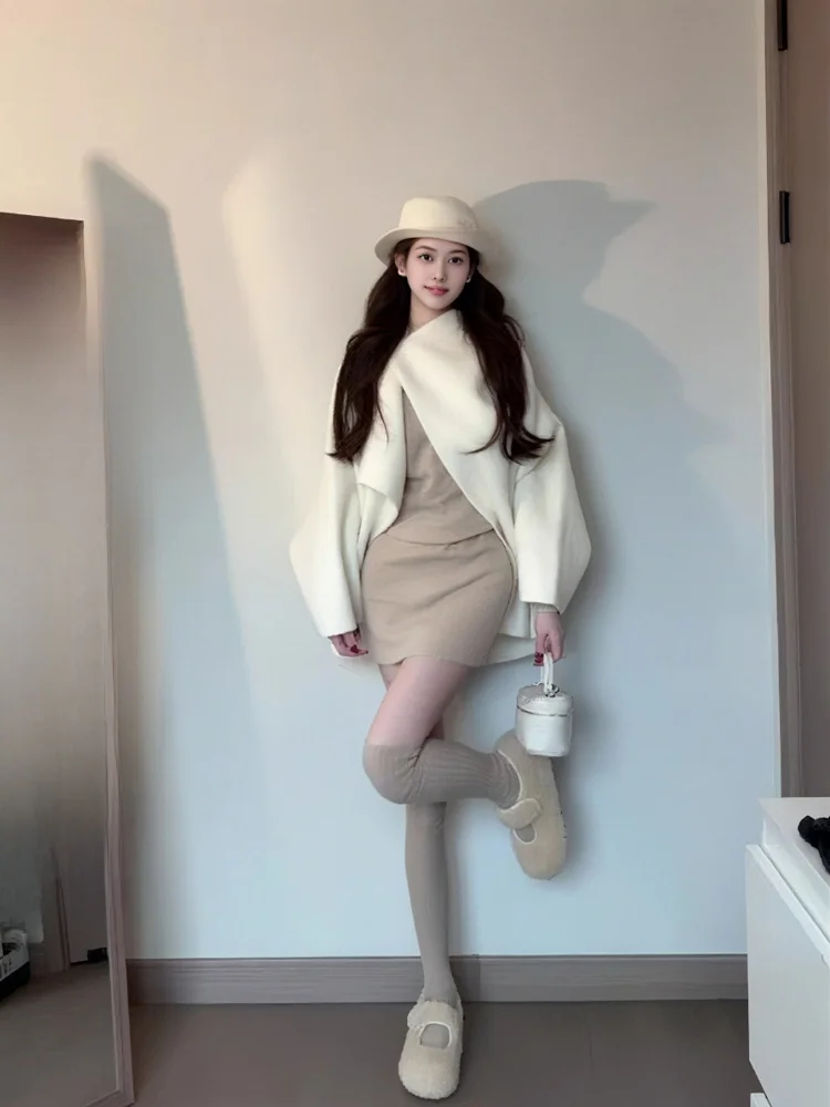 

Корейское теплое вязаное пальто большого размера, женское осенне-зимнее новое пальто средней длины с лацканами и кожаными вставками, синее