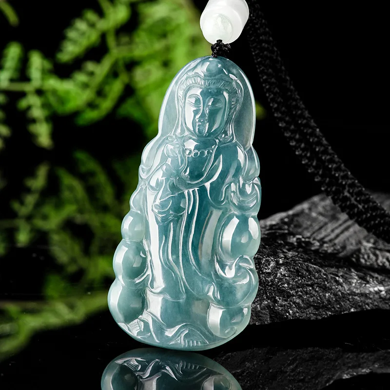 Authentic Natural A-grade Jadeite Blue Water Purification Bottle Guanyin Pendant Ice Jade Charms For Men's Gifts Women's Jewelry