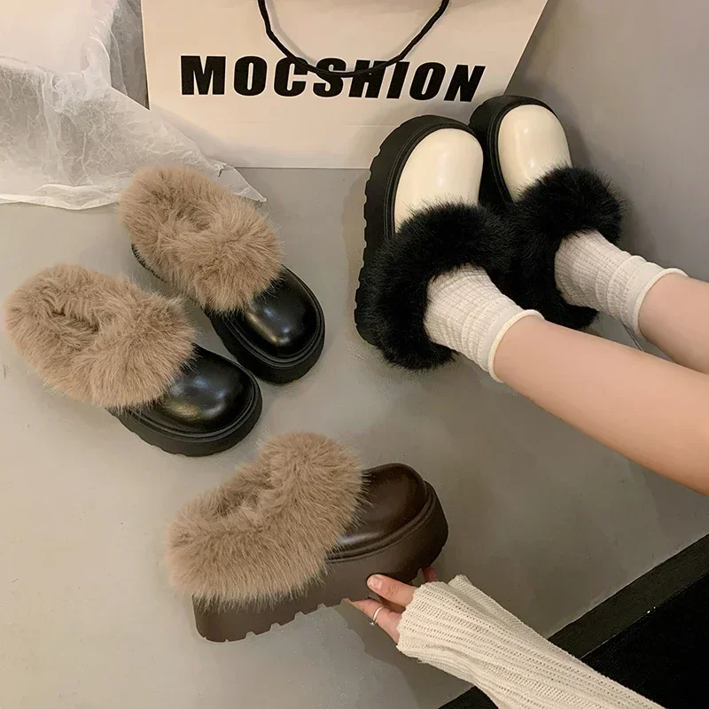 Women's Thick Sole Casual Shoes Anti-slip Round Head Keep Warm Shallow Mouth One Kick Winter Boots Middle Follow Velvet Lining