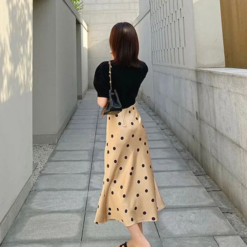Lucyever Silk Satin High-Waisted Skirt For Women Summer Elegant Dot Printing Long Female Korean Office A-Line Skirts MN1
