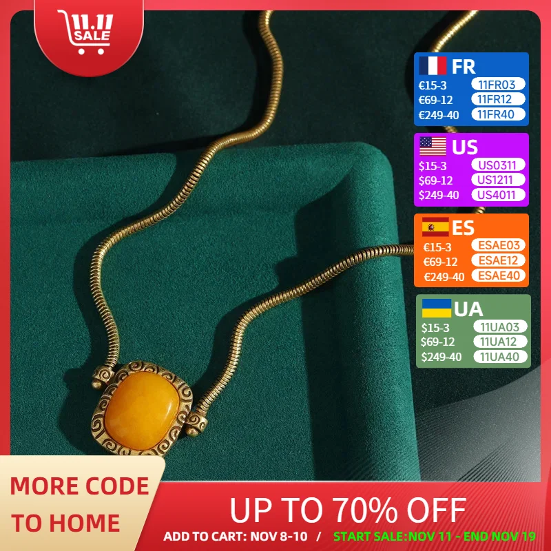 

Vintage Yellow Square Pendants And Charms Necklace Gold Color Snake Chain Antique Jewelry Luxury Accessories For Women New 2025