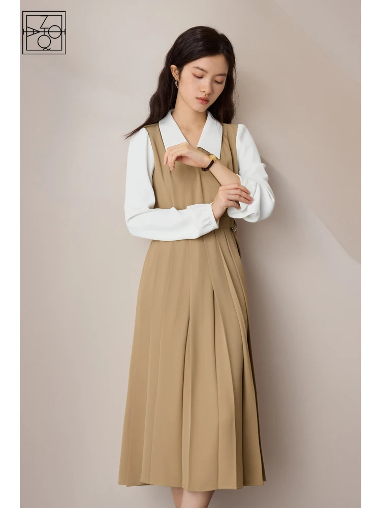 ZIQIAO Office Lady Patchwork Design Long Women Dress Polo Neck Lace Up Waist Female Pleated A-LINE Mid-Calf Polyester Dress