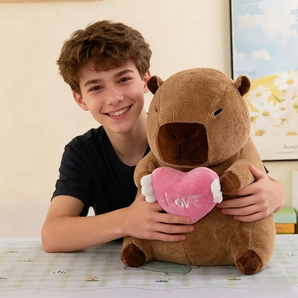 Large Love Capybara Plush with Holding Heart Cute Bow Stuffed Animal Soft Plushies Toys Romantic Sweet Gifts for Kids Girlfriend