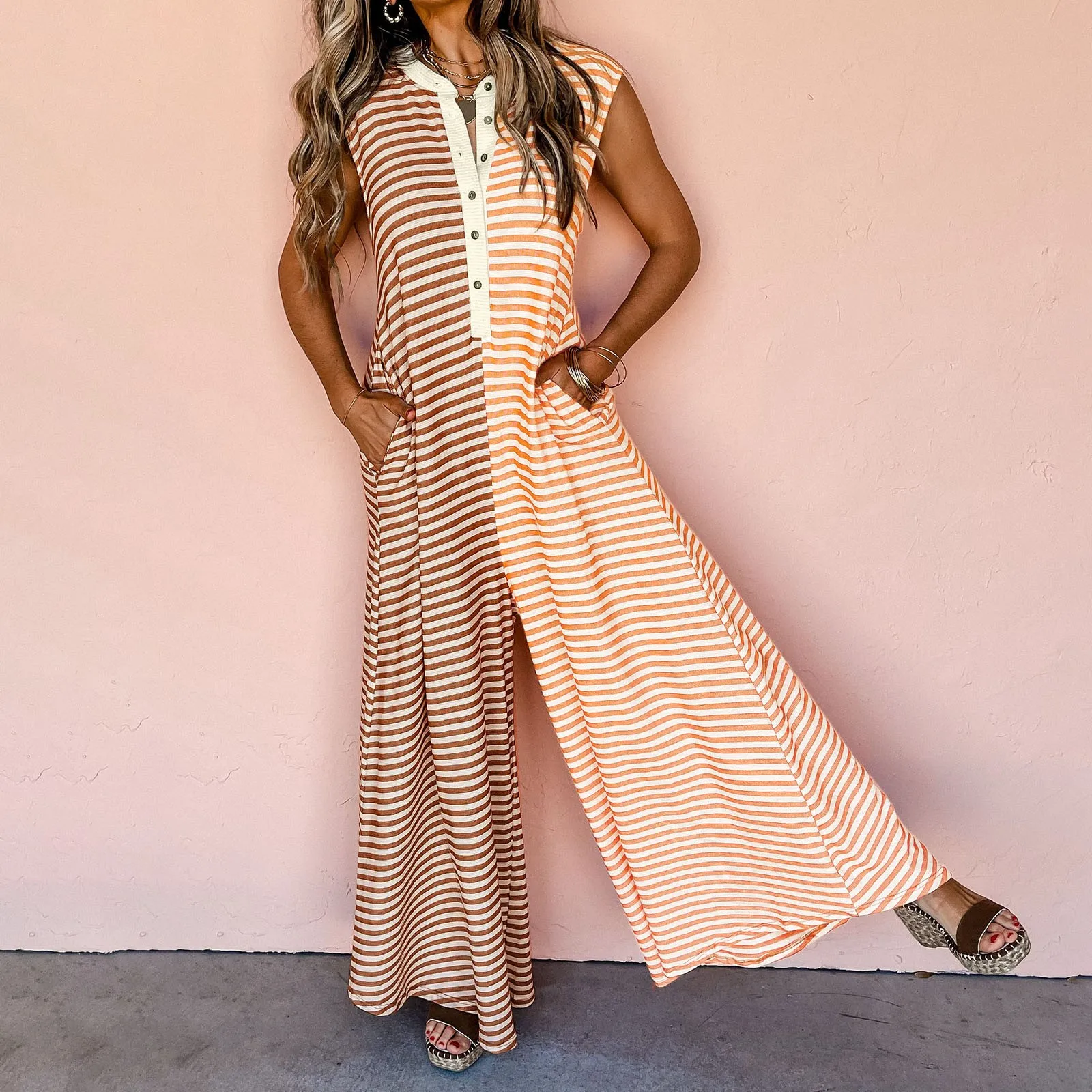 Women\'S Color Block Striped Sleeveless Loose Fresh Wide Leg Long Jumpsuit Women\'S Summer Jumpsuit