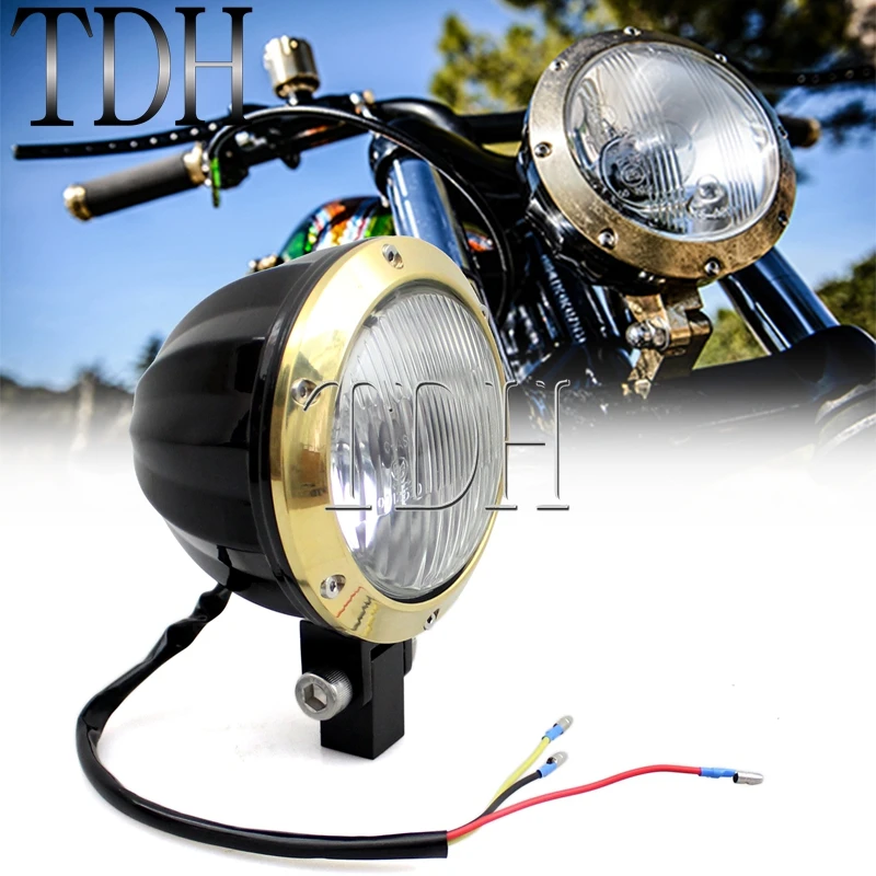 Black Brass Motorcycle Classic Vintage Headlight H4 12V 55/60W HI/LO Beam 4\