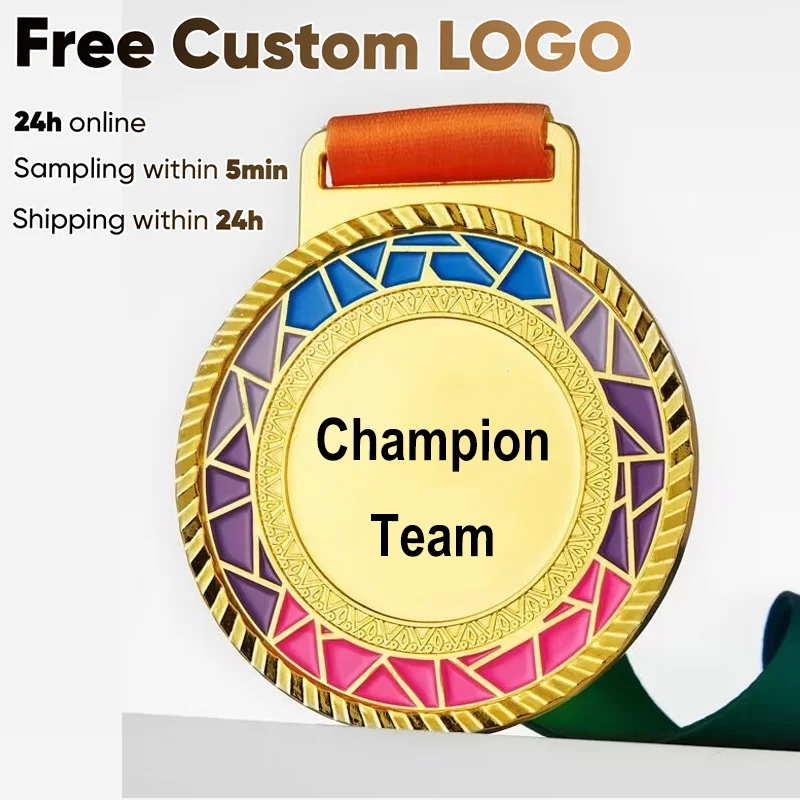 

Бесплатные пользовательские медали Цветная медаль в градиентную клетку с цветной лентой Медаль золотого и меди подходит для различных соревнований