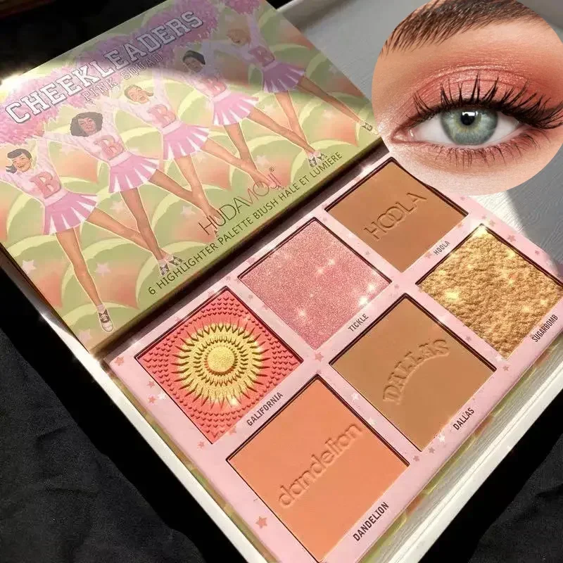 Paleta de sombra de destaque duradoura, bandeja de blush de 6 cores, brilho fosco perolado, sombra brilhante, maquiagem dos olhos coreanos, nova