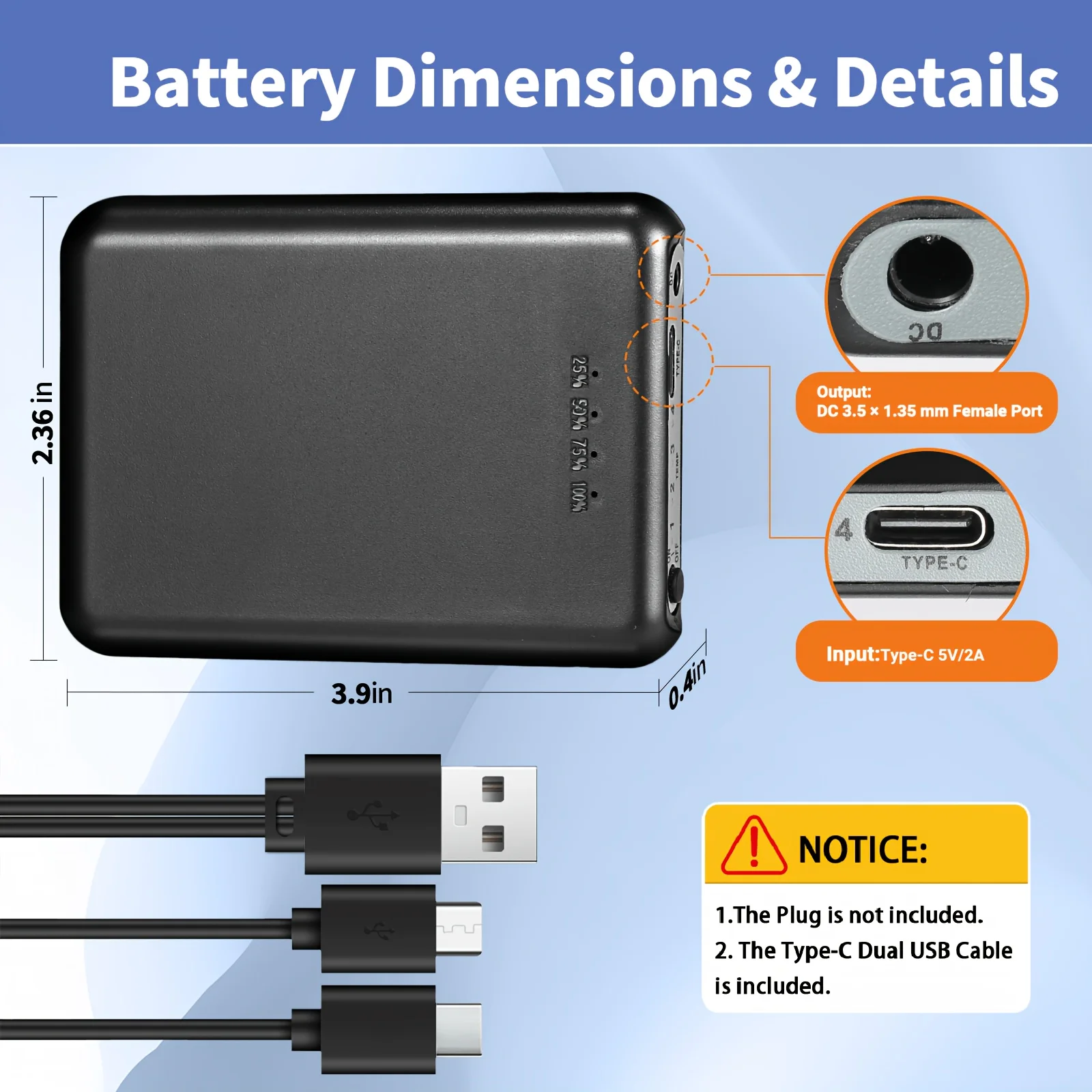 2Pack Rechargeable 5V/2A 5000mAh Li-Polymer Battery Replacement For Heated Gloves, Mittens, Socks, Hats, Insoles, Shoes, Scarf, Slipper, 4 Heating Levels, Man Women Heated Clothing, Smart Heating Apparel, Outdoor Winter Gear, With Dual Type-C Cable