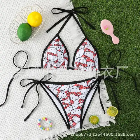 Anime Y2K Hello Kitty Kvinnor Bikini Baddräkt Sanrioed Kawaii Sexiga Heta Tjejer Söt Rosa Underkläder BH Trosor Strand Hav 12 best sales Hello Kitty badkläder - №6