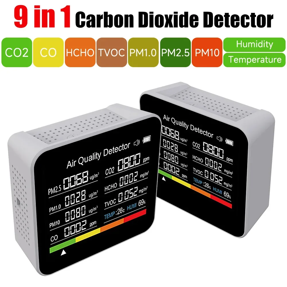 3/5/9 in 1 Air Quality Monitor Indoor CO2 Detector Formaldehyde HCHO TVOC Tester LCD Temperature Humidity Tester CO2 Alarm Meter