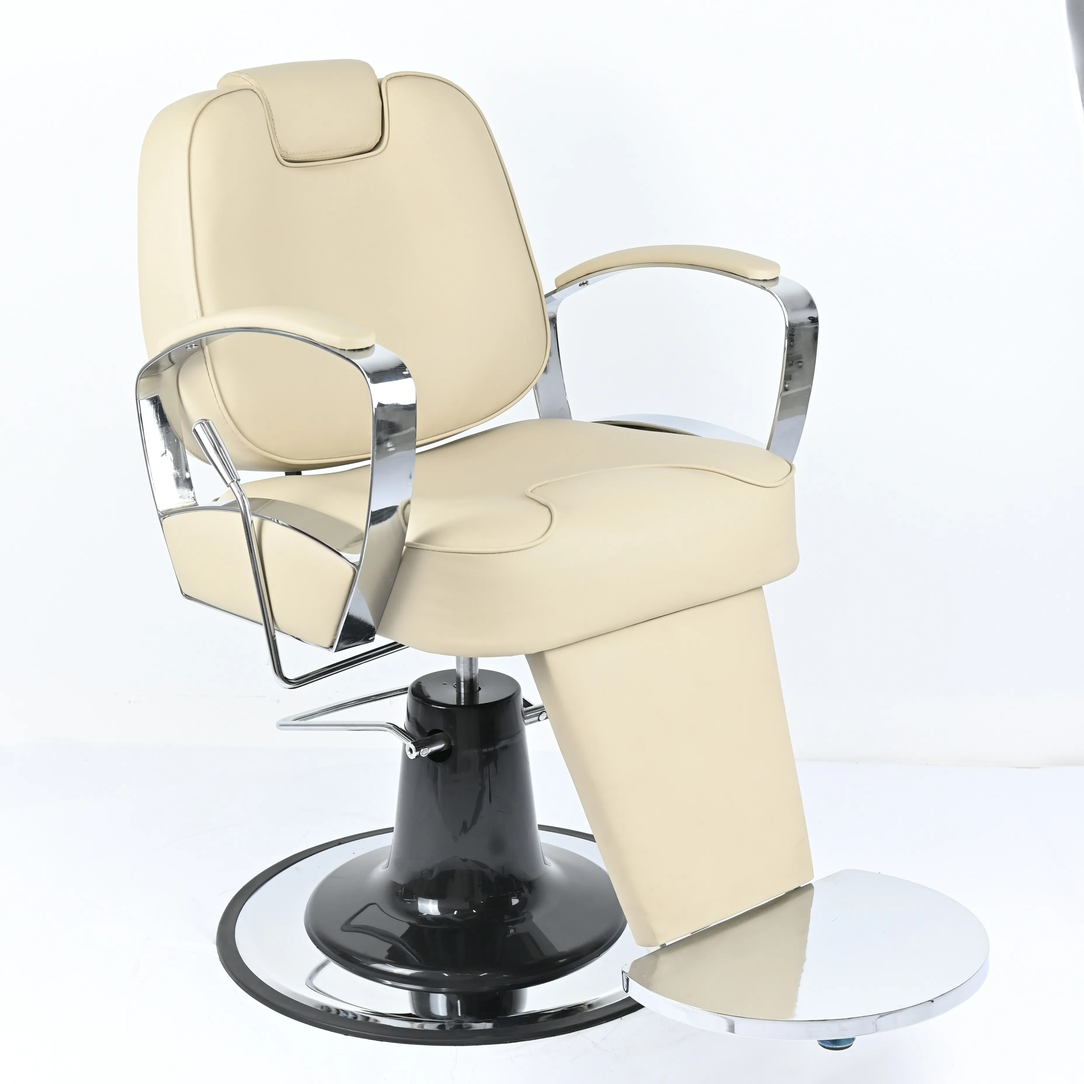 Modern Cream Chaise Barber Chair Heavy Hydraulic Salon Chair with Headrest Professional Hairstylist Furniture