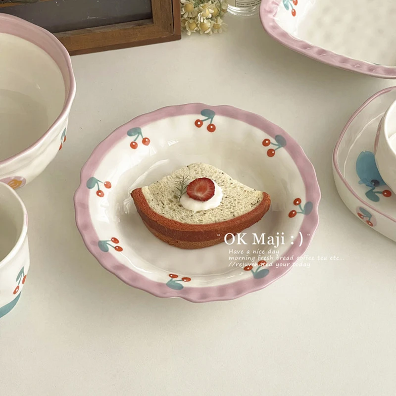 

Cherry Print Ceramic Plate 2026 New Household 8.5 Inch Exquisite Cake Dessert Dishes High Aesthetic Round Dinner Tableware