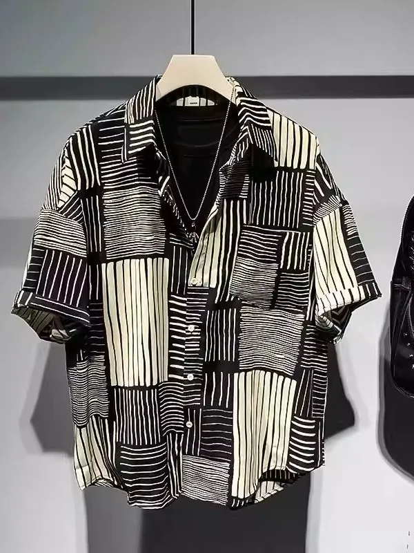

Loose Fit American Retro Striped ort Sve irt Men Summer Contrast Color High Sensation Big Size Couple's irt Button down
