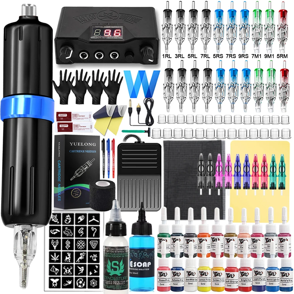 

Complete Tattoo Machine Kit RCA Rotary Cartridge Machine Pen with Cartridge Needles Power Supply Inks Set Tattoo Beginner Kit