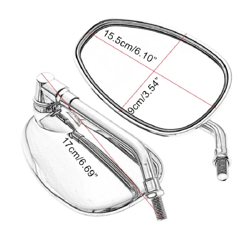 2Pcs/Pair Motorcycle Chrome Plastic Oval Side Rearview Mirrors Universal for Suzuki Honda Kawasaki Cruiser Chopper Custom 10MM