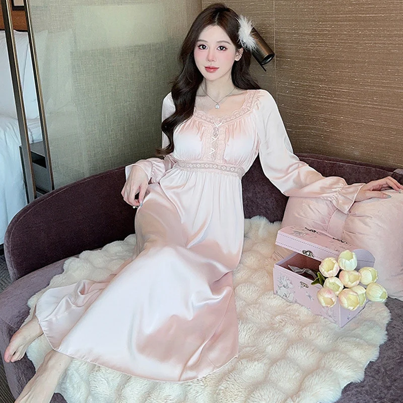 Princess Style Sweet Nightgown Sexy Square Neck Lace Edge Nightdress Loose Casual Home Dress Long Sleeved Silk Satin Nightwear